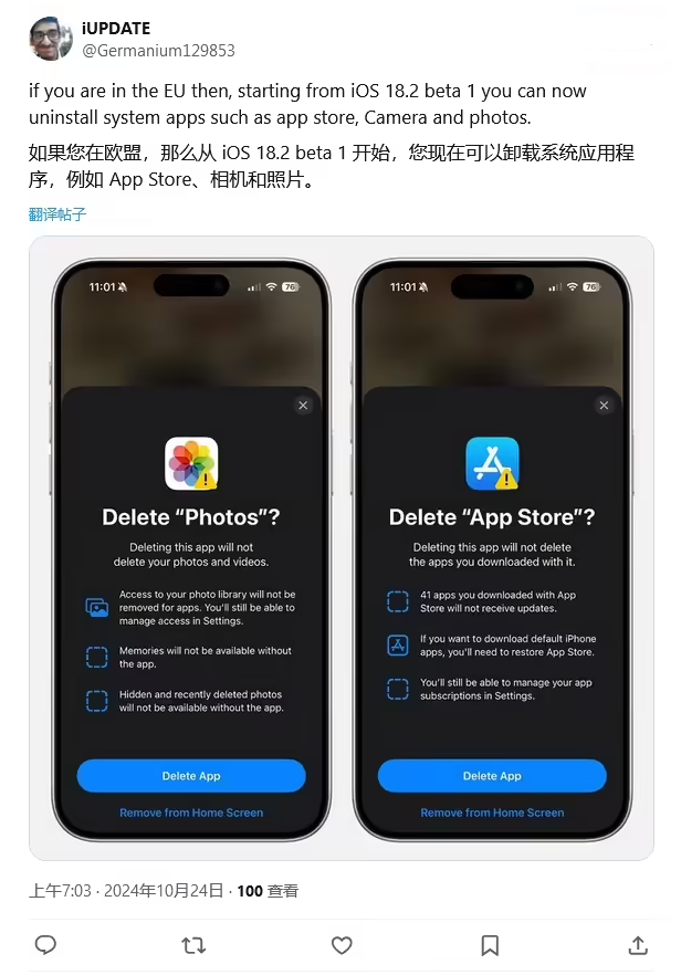 路北苹果手机维修分享iOS 18.2 支持删除 App Store 应用商店 