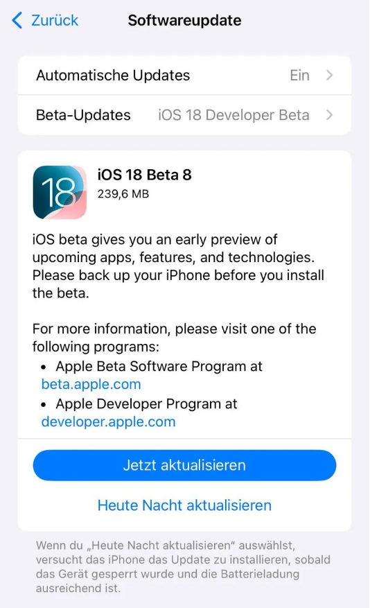 路北苹果手机维修分享苹果 iOS / iPadOS 18 开发者预览版 Beta 8 发布 